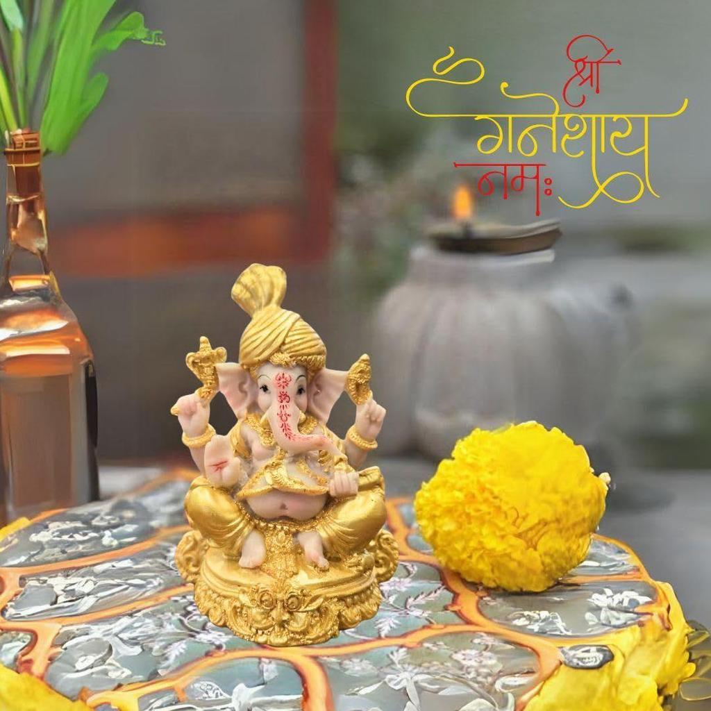 1 Piece PolyResin Gold Color Premium Decorative Lord Ganesha Statue & Idols for Home, Office, and Pooja, for Festivals, Weddings