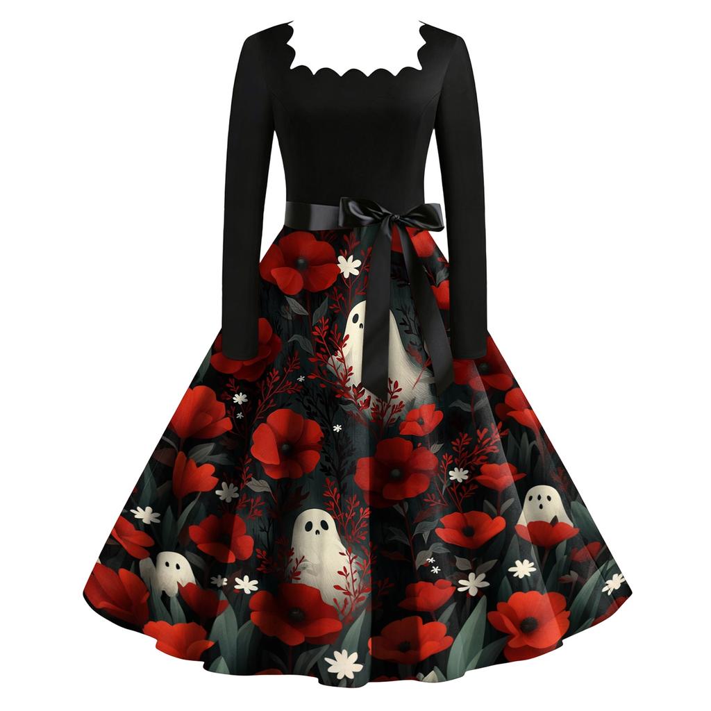 Women's Vintage Long Sleeve Square Neck Dress Halloween Skeleton Print Party Dress Retro Style Full Skirt with Waist Tie Belt