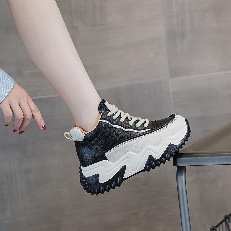 New Genuine Leather 7.5CM Women High Top Sneakers Autumn Winter Wedgies Casual Platform Vulcanized Shoe Lace Up Thick Soled Shoe
