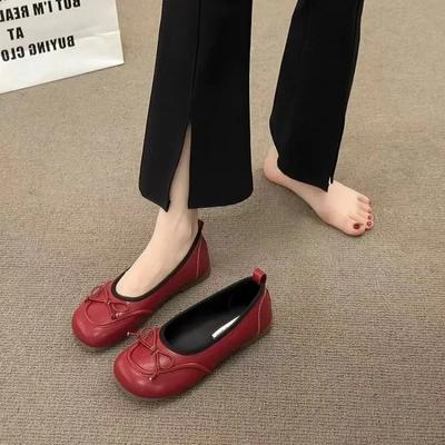 Весна 2024 года, новые модные популярные женские туфли с бантом красного цвета, универсальные туфли с круглым носком и мягкой подошвой на плоской подошве, с неглубоким вырезом, Zapatos Mujer