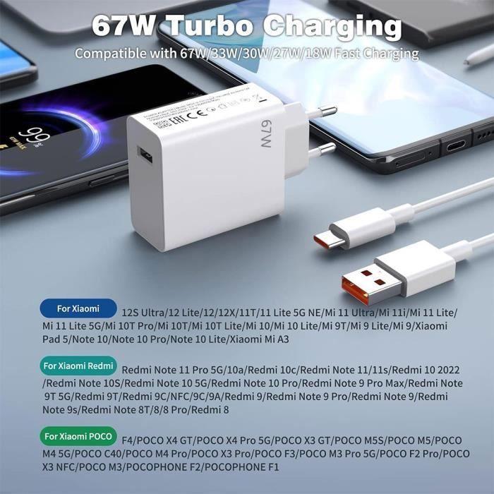 Chargeur Rapide 67W + Câble USB-C 6A 1 Mètre pour Xiaomi Redmi Note 15 Note 14/Pro Plus 13 12 4G-5G, A5,15C,14C,13C