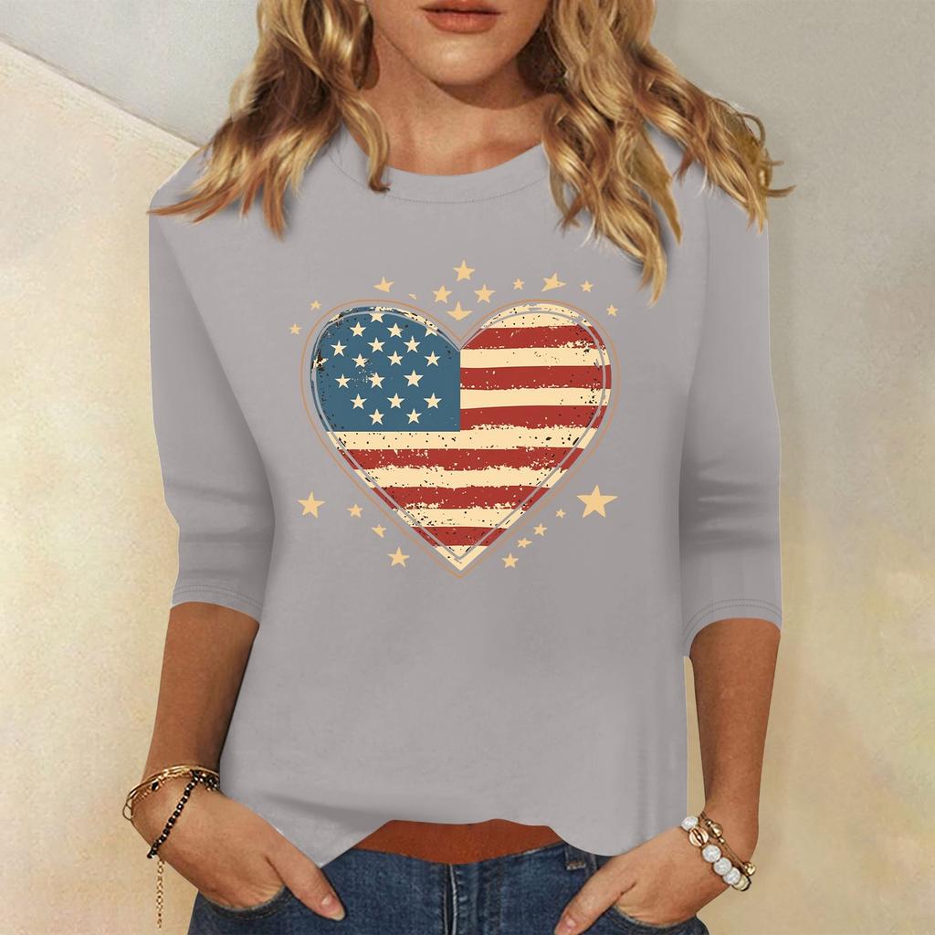Women's Fashion Casual Round Neck 3/4 Sleeve Loose Independence Day Printed T-Shirt Ladies Top