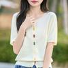 Spring and Summer Round Neck Knitted Short-sleeved Color Button Solid Color Loose Top