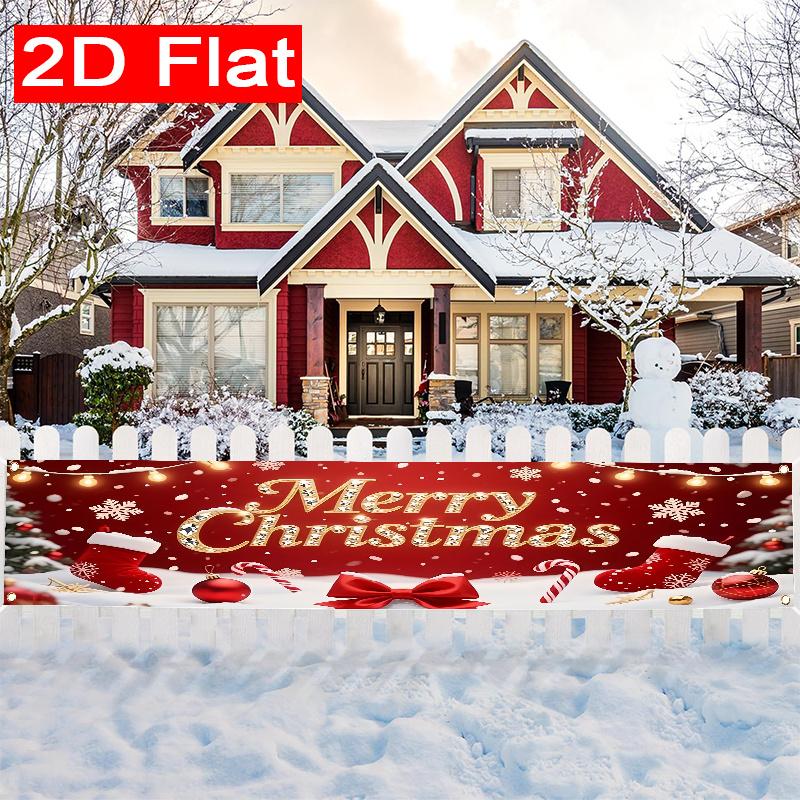 Merry Christmas Fence Banner, Red & Golden Snowflake Design, Durable Polyester Outdoor Lawn Wall Party Decoration