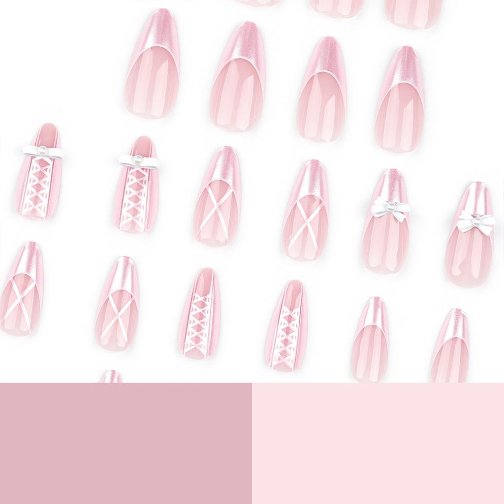 24 Pieces Wearable Nail Piece Sweet Girl French Pink Manicure Bow Pearl Staggered Almond Wearing Nail