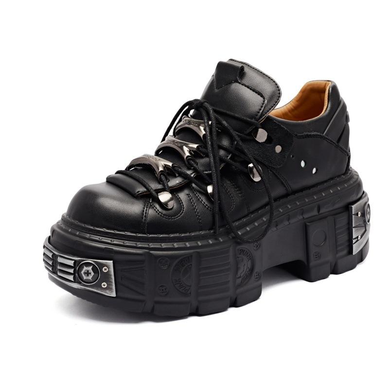 Fashion Women's Black Leather Chunky Sole Shoes - Perfect for Y2K and Grunge Aesthetics