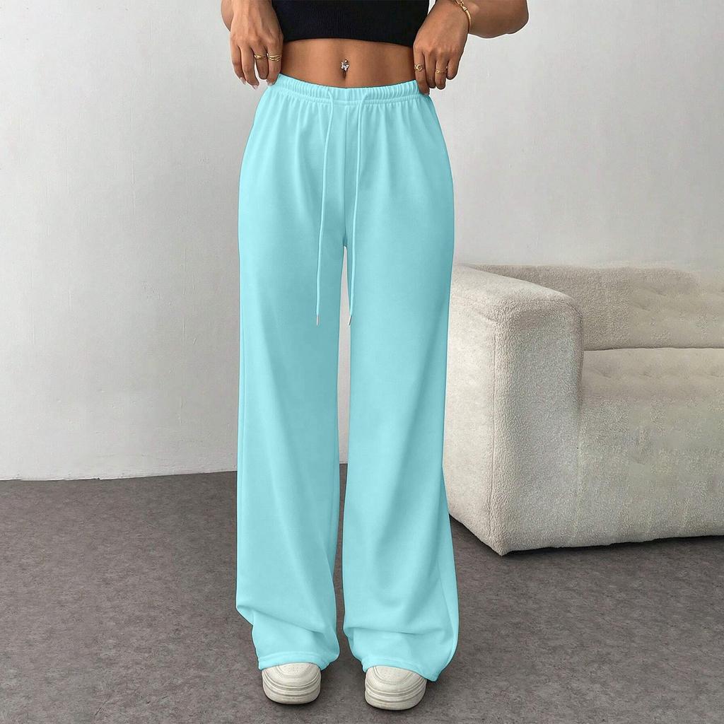 Women's Fashion Loose Drawstring Waist Solid Color Casual Sports Pants Casual Wide-Leg Pants