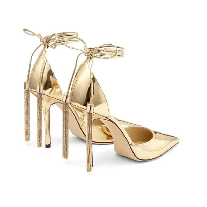 Модный бренд Показ Золотая кисточка Подвесные серьги Сандалии на щиколотке Модные черные туфли-лодочки Элегантная свадебная обувь для банкета Женская обувь 43