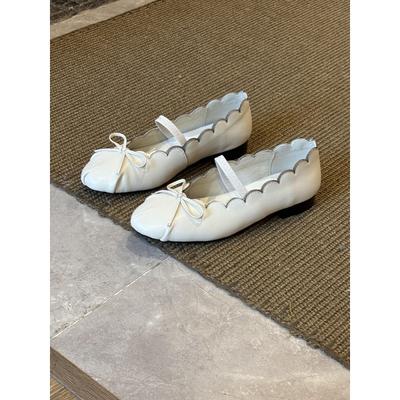 Обувь Мэри Джейн из натуральной кожи с волнистым краем и бантом из овчины, женские туфли-лодочки с мелким вырезом, балетки с плиссировкой юбки