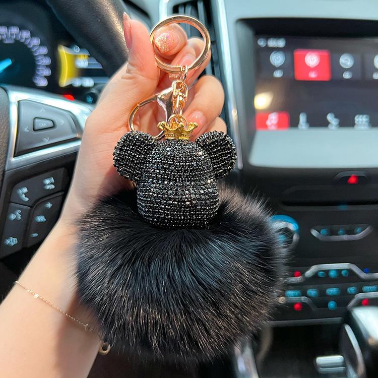 Luxurious Diamond-Studded Bear Keychain with Real Fox Fur - Stylish Accessory and Thoughtful Gift