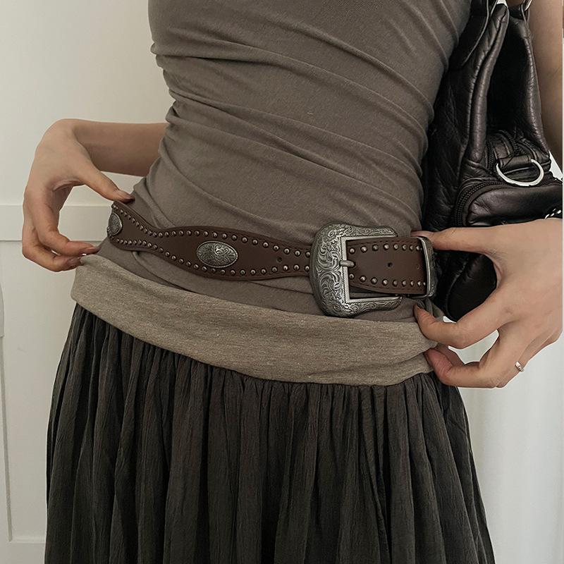 American Retro Belt Women'S 2024 Rivet Punk Style Belt Versatile With Jeans Belt Personalized Y2K Black
