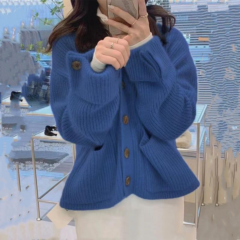 Korean Version of The V-neck Soft Waxy Sweater Women's Autumn and Winter Single-breasted Loose Lazy Knitted Coat