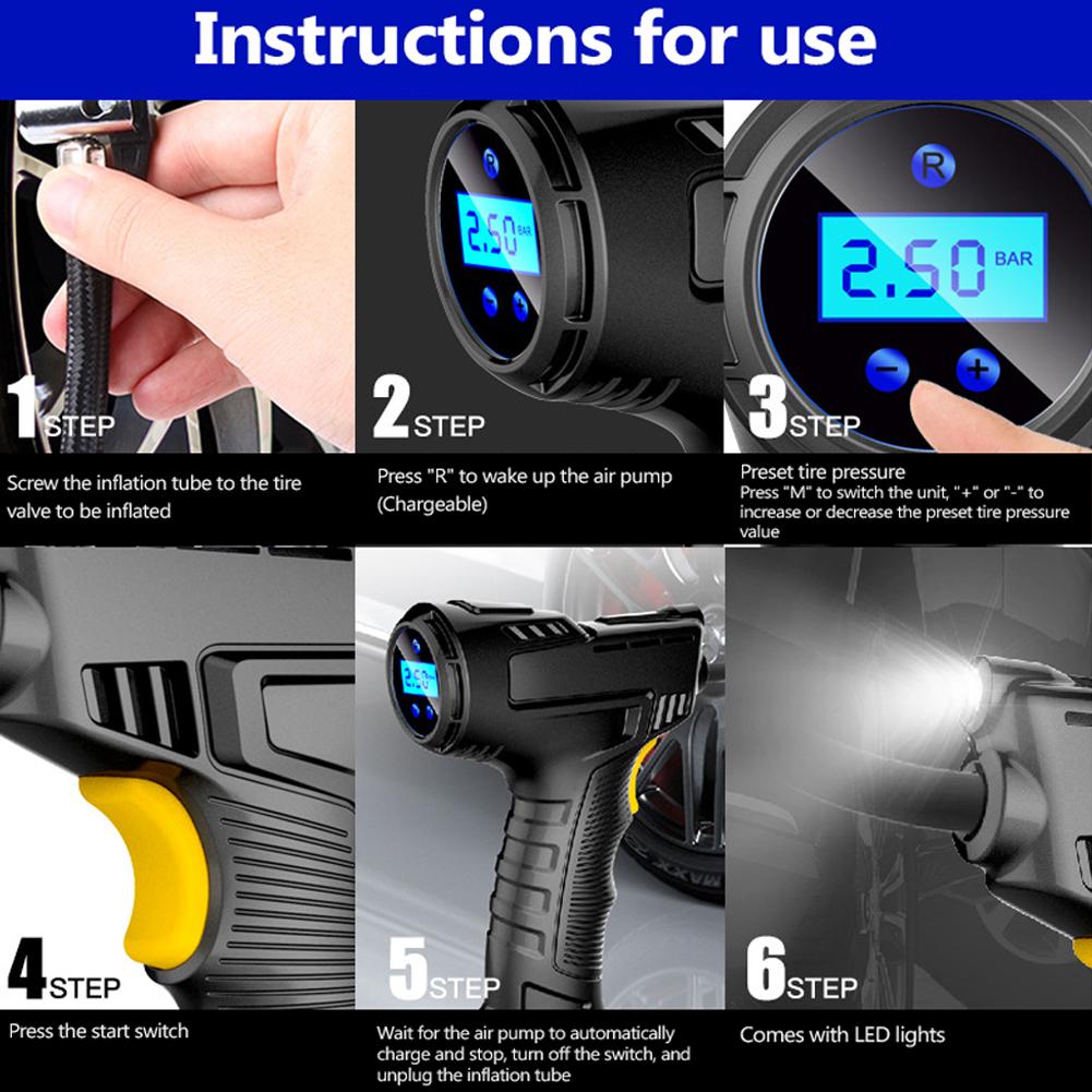 120W Wireless Car Air Compressor USB Rechargeable  Tire Inflator Digital Display Inflatable Pump and 4PCS Tire Gage Alert Sensor Indicator Valve Caps