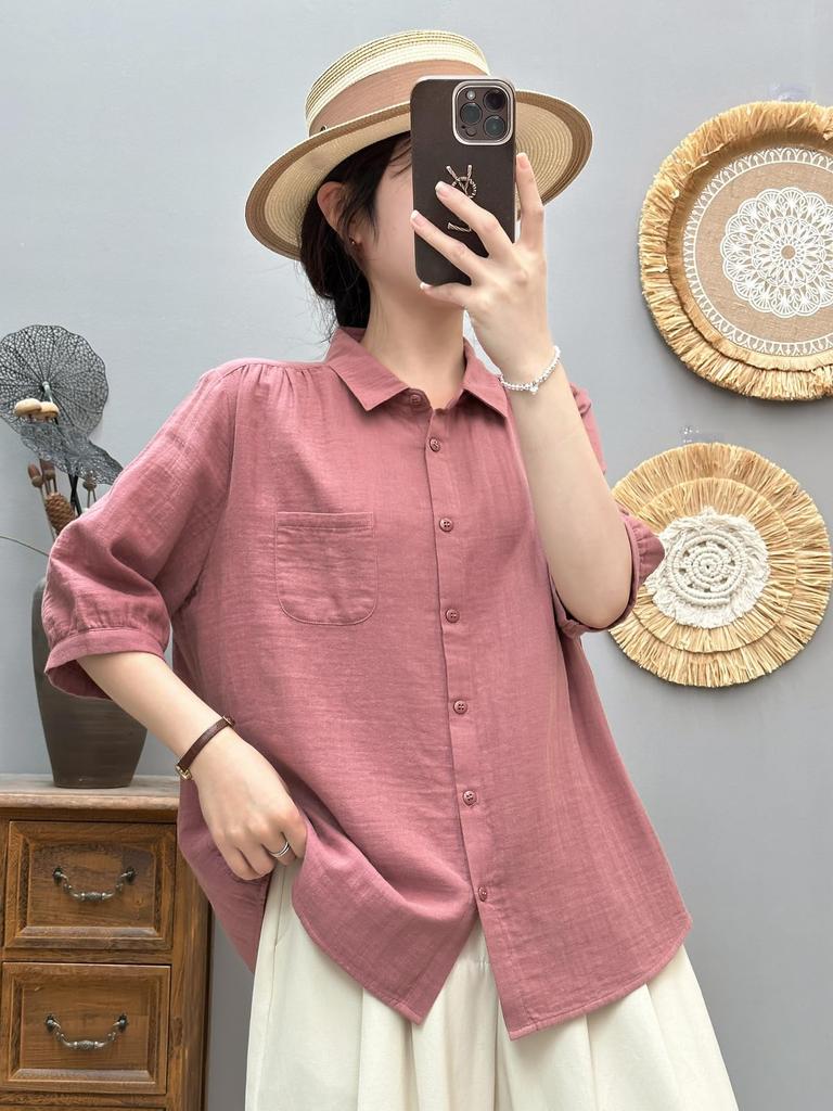 Double Gauze Gauze Short Striped Commuting [Hanmall] Shirt, 100% Cotton, Shirt, Blouse, Women's, Shirt, Sleeve, Top, Summer, Cotton, Casual, Simple,