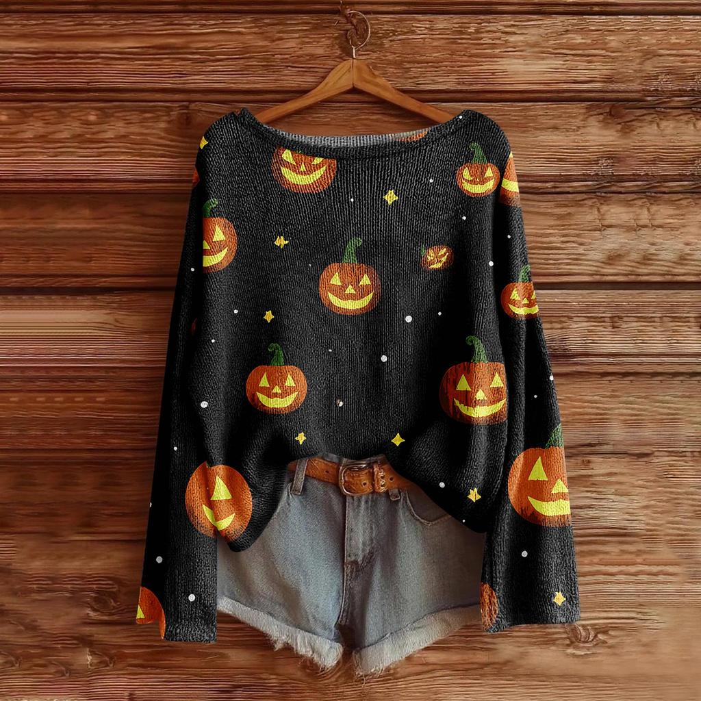 Women's Halloween Sweater, Bohemian Vintage Pattern Print Long Sleeve Knit Pullover