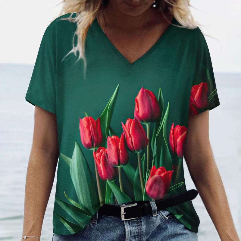 Fashion Tulip 3D Printed Women's T-shirt Summer Casual Flower V-neck Shirt Vintage Harajuku Women's Plus Size Top T-shirt