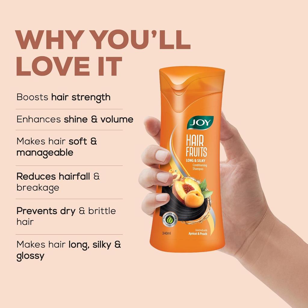 JOY Шампунь для кондиционирования волос Hair Fruits Long & Silky Абрикос и Персик 340 мл | Мягкие Блестящие Волосы, Увлажняющий и Питательный