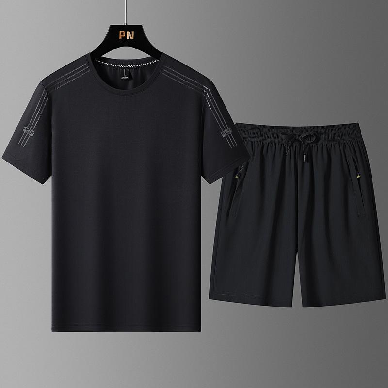 Очень большой летний спортивный костюм мужской ледяной шелк тонкий с коротким рукавом мужские шорты быстросохнущий красивый комплект из двух предметов