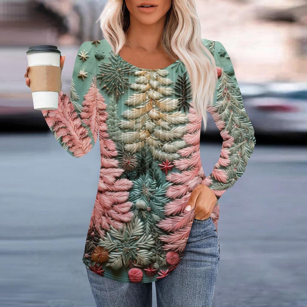 Женская повседневная и модная принтованная футболка с круглым вырезом и длинными рукавами, плиссированная футболка на Рождество