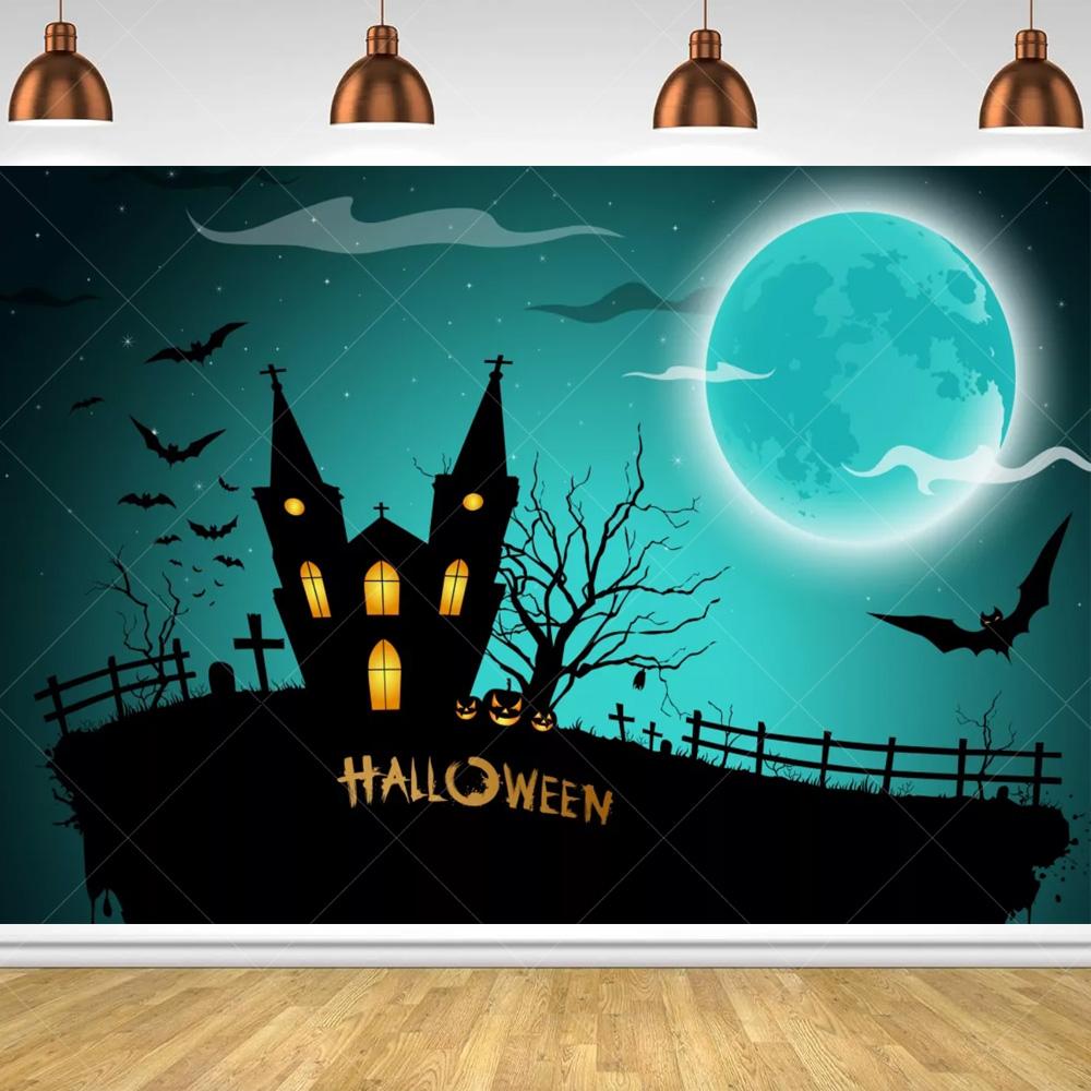 Halloween Horror Night Party Family Gathering Pumpkin Lantern Evil Witch Black Castle Cemetery Forest Background Cloth backdrop
