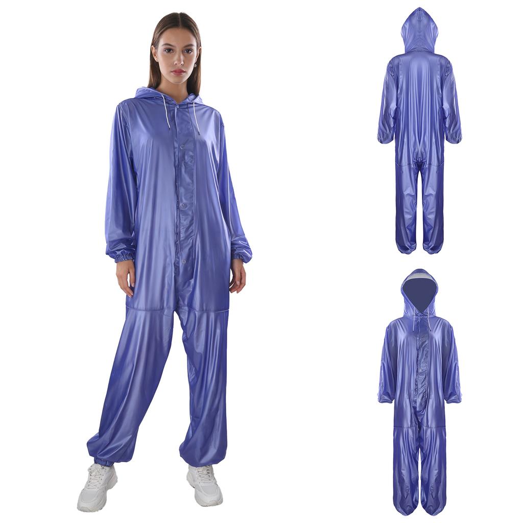 One Piece Waterproof Hooded Jumpsuit Rainwear Front Zipper and Button Fastening Drawstring Hood for Men Women Outdoor Work