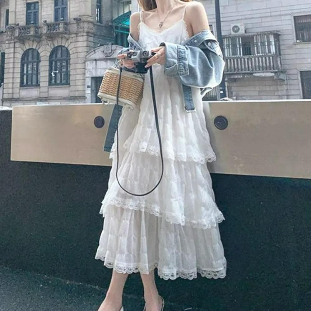 Summer Befree Long Vintage Casual Ruffles Elegant Maxi Strap Camis Silky Beach Lace Elegant Party Dress Vestidos Sexy Women