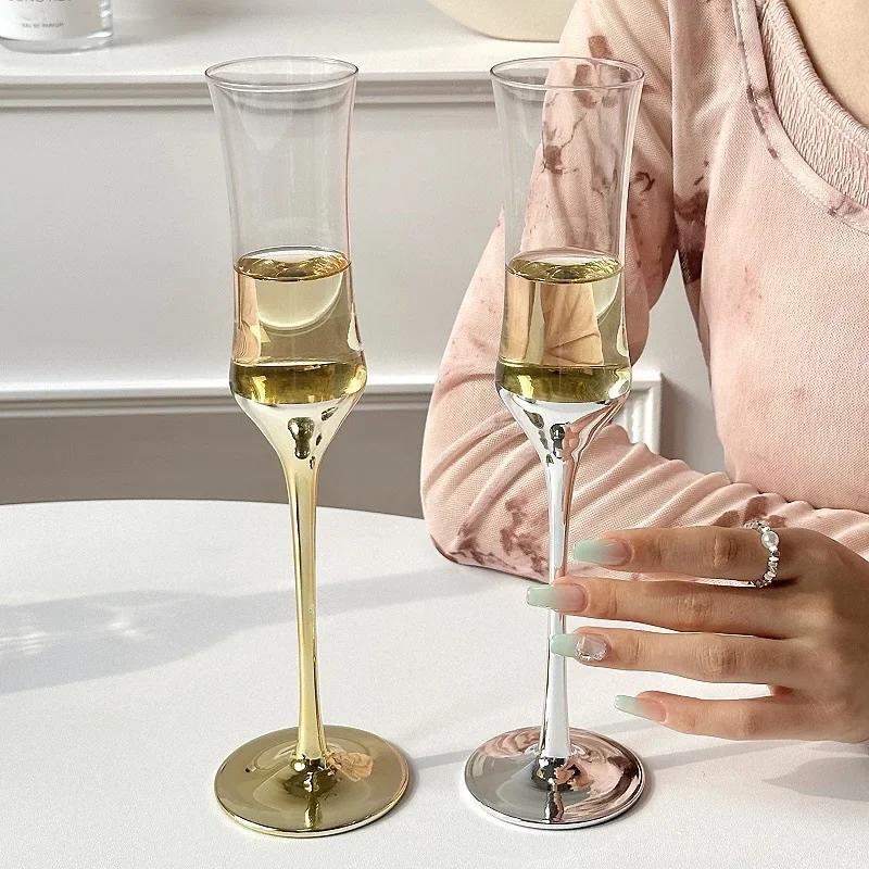 Французские элегантные бокалы-флейты с завышенной талией - Хрустальные бокалы для вина на ножке, Золотистый ободок, Дизайн с пузырьками для свадебного/праздничного подарка