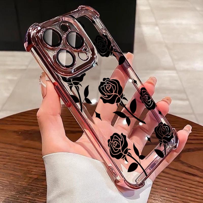 Новый Прозрачный Чехол-Бампер с Покрытием Черной Розой Anti-Knock для iPhone 15 16 Pro Max 17 Air 11 12 13 14 Plus 15promax