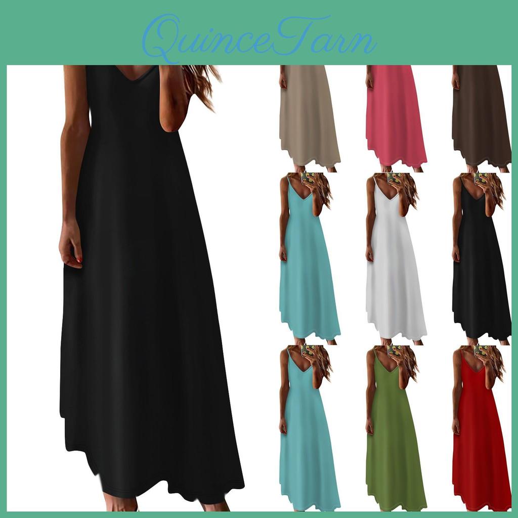Casual V Summer Fashion Womens Neck Solid Color Swing Long Sleeveless Dress Casual Dresses