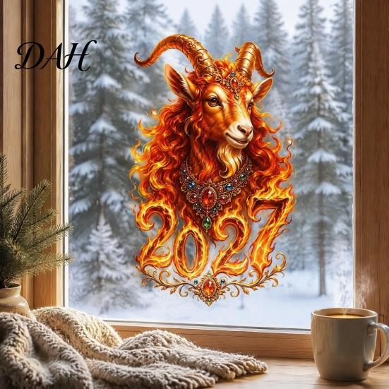 Office Window Holiday Stickers Chinese New Year Sticker, 2027 Goat Static Clings, Flame Textured Sheep Pattern Reusable Lunar Xmas Decor for Home Shop