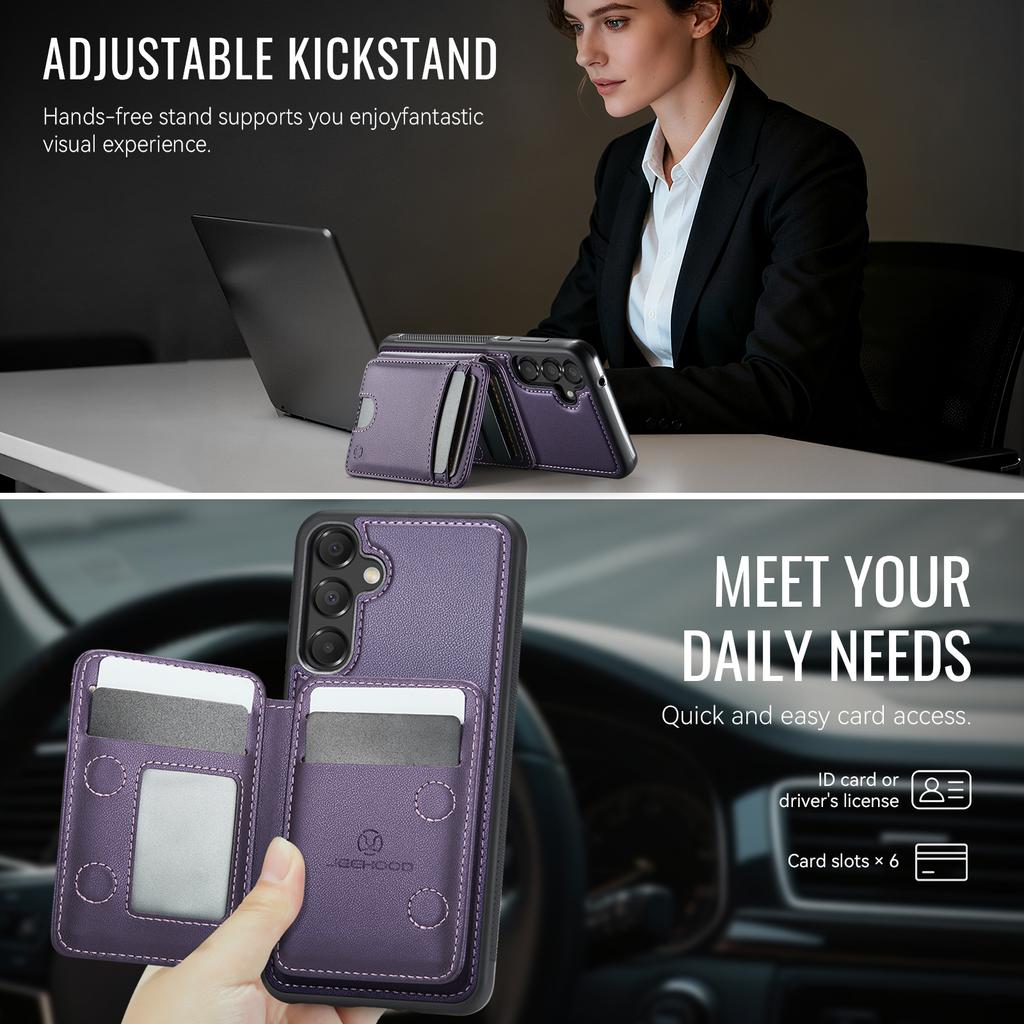 For Samsung Galaxy A55 5G Magnetic Case JEEHOOD J10 Leather Back Phone Cover with Detachable Card Holder Kickstand