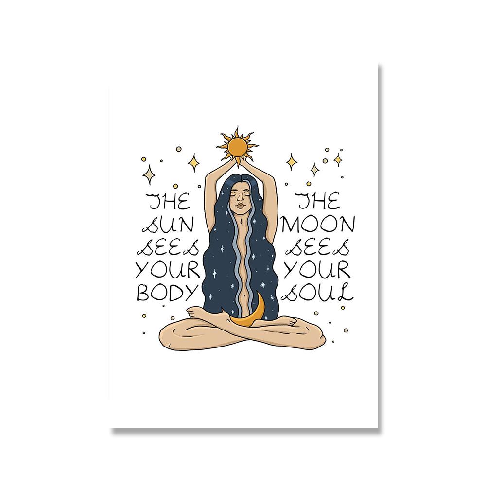 Ретро Девушка Йога Положительная Энергия Обнаженное Искусство Плакат Печать Женское Психическое Здоровье Абстракция Солнце Луна Холст Феминизм Тренажерный Зал Домашний Декор