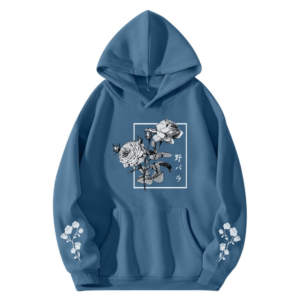 2025 New Rose Flower Print Hoodie Men's Cool Plus Size Fashion Simple Street Cotton Jumper Sweatshirt