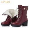 High-heeled Genuine Leather Women Winter Boots Thick Wool Warm Women Marton Boots High-quality