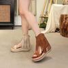 Retro Straw Brown Rivet Fringed Cool Boots Women's 2025 Summer New Slope Heel Open-toed Rear Zipper Roman Short Boots