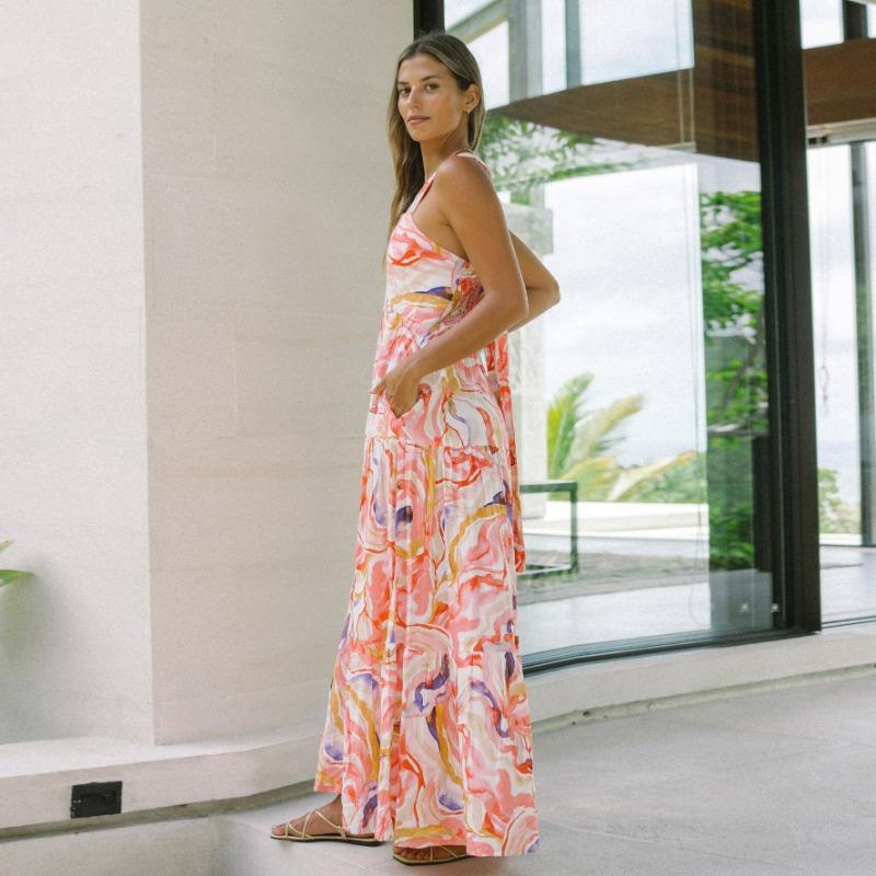 YYFS Женская мода лето весна цветочный узор принт без рукавов подтяжки с высокой талией повседневные платья