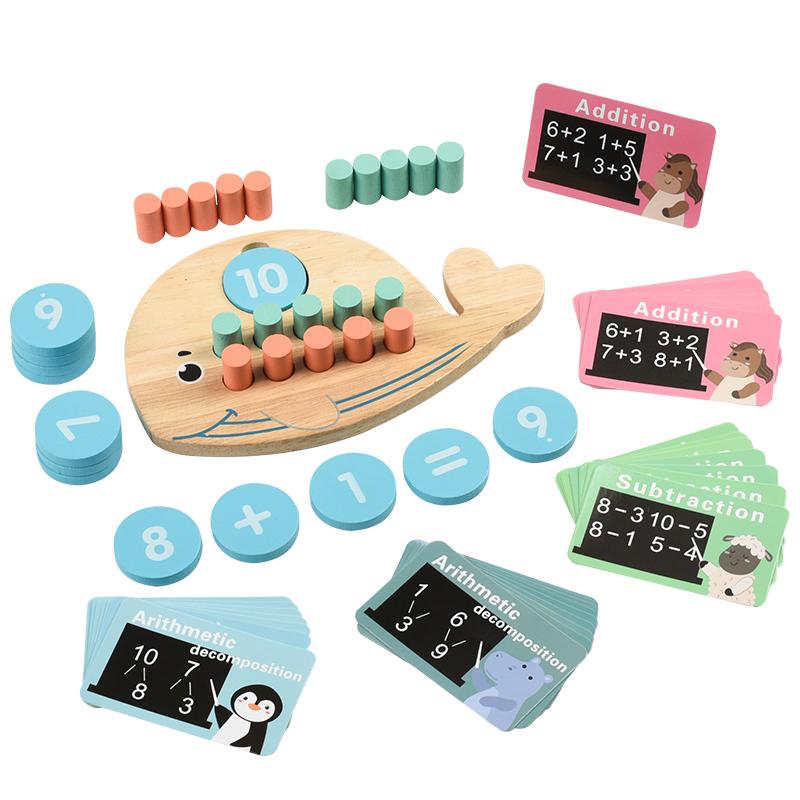 Children's Wooden Number Board Whale Shaped Ten Digit Counter Cognitive Matching Game Addition Subtraction Operation Math Toys
