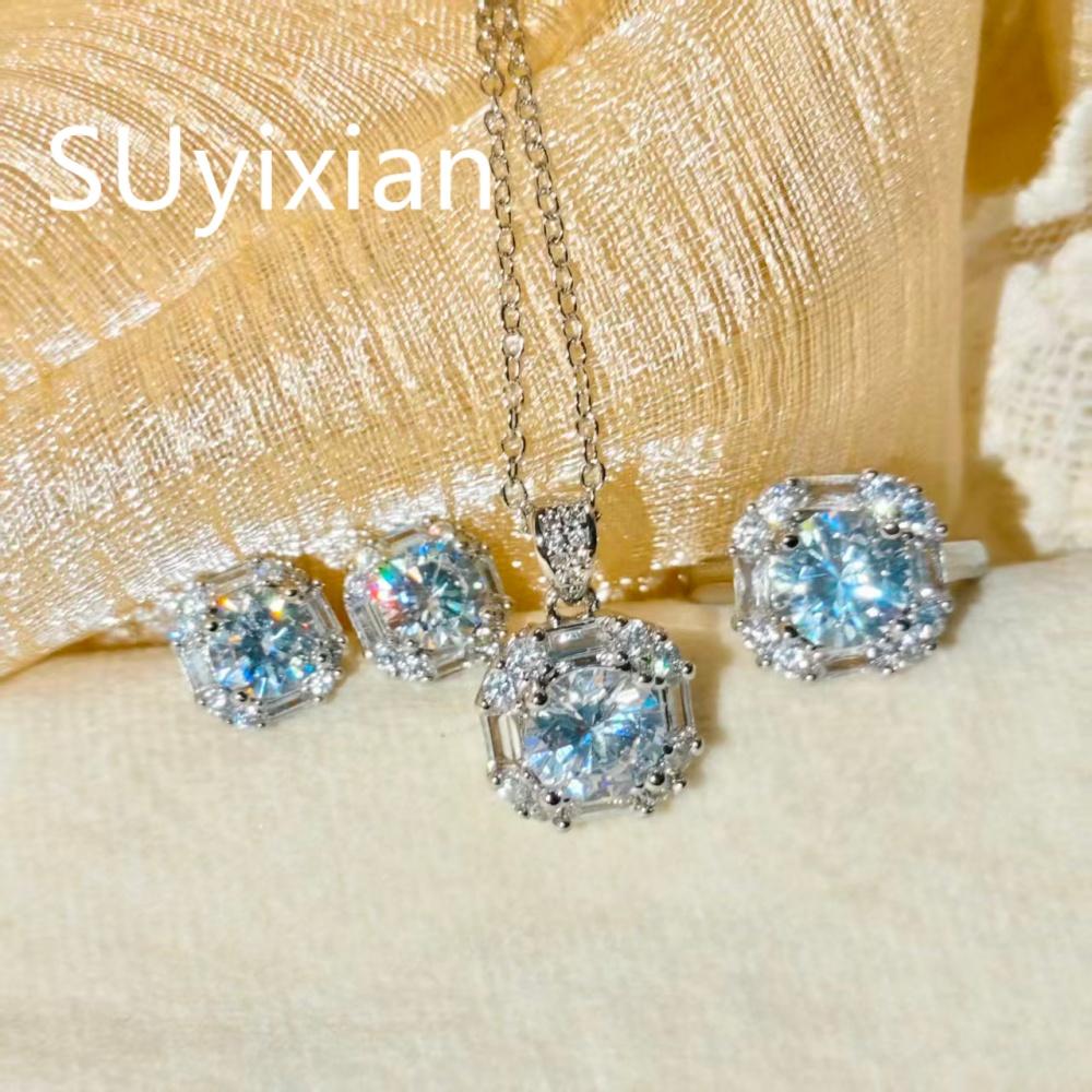 925 Sterling Silver Light Luxury Sugar Cube Zircon Earrings Necklace Ring Jewelry Set Ladies Jewelry Birthday Anniversary Gift