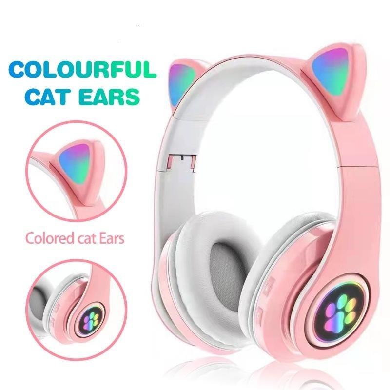 Cute Cat Ear Gaming Headset Wireless Earphone Foldable LED Luminous Noise Bluetooth 5.0 Stereo Bass Headphones With Mic TF FM Kid Girl