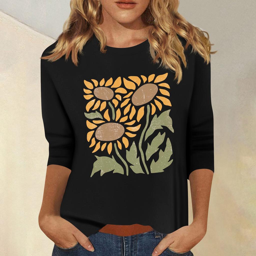 Women's Fashion Casual Printed Seven Sleeve Round Neck Top