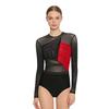 Women Shiny Rhinestones Patchwork Sheer Long Sleeve Color Block Gymnastics Leotard Bodysuit