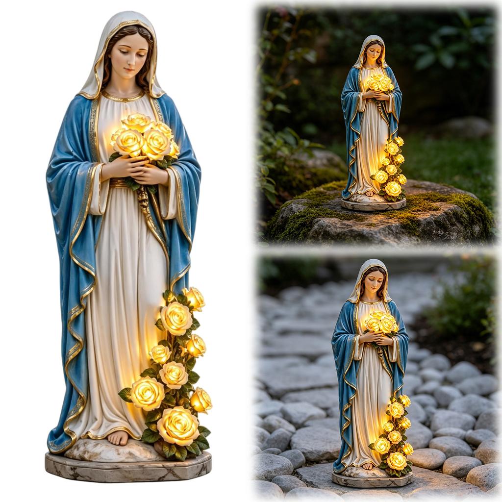Resin Figurine Lamp with Glowing Roses Decorative Yard Lamp Garden Decor Figurine Lights for Outdoor Patio Porch Yard