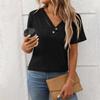 Женский модный однотонный повседневный топ с V-образным вырезом и короткими рукавами на пуговицах