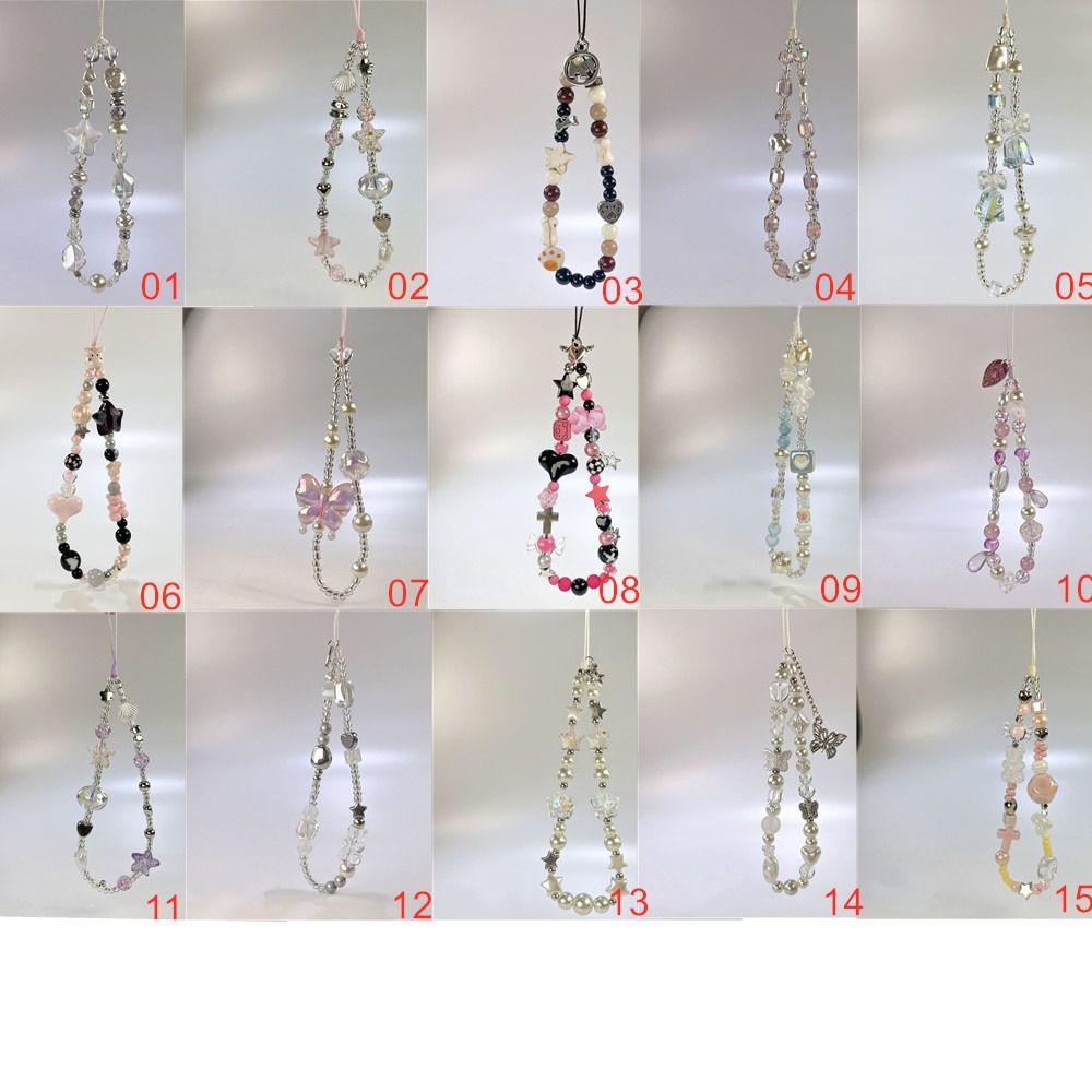 Y2K Silver Phone Lanyard Clear Star Beads Phone Chain Cell Phone Strap Bracelet Keychain
