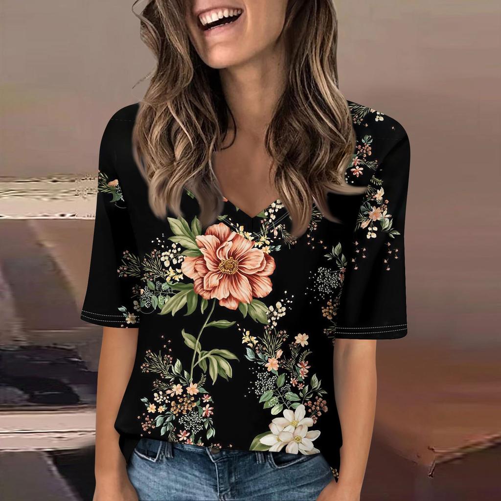 Shirts For Women Trendy V Neck T Shirts Casual Printed Summer Tees T Shirt Blouse Half Sleeve Tops For Women