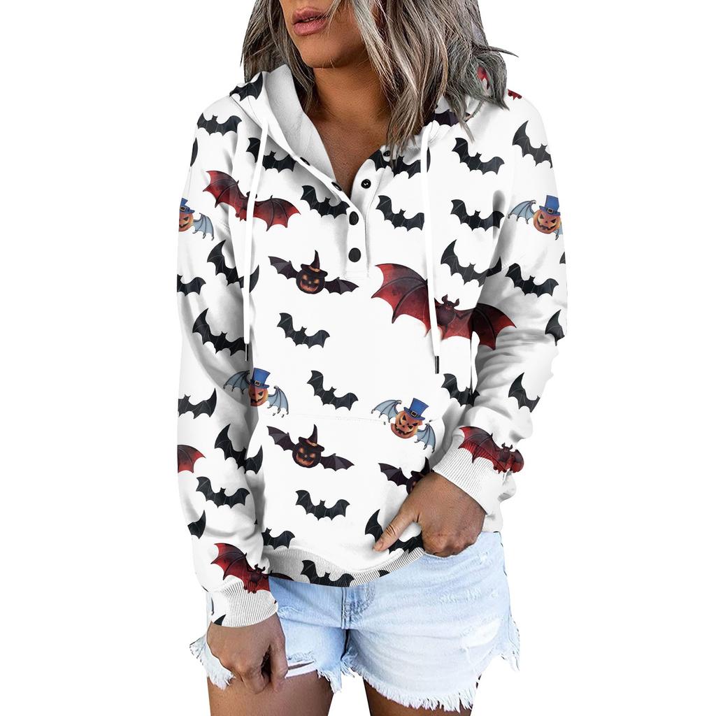 Women's Fashion Slim Fit Long Sleeve Halloween Print Hooded Sweatshirt Top