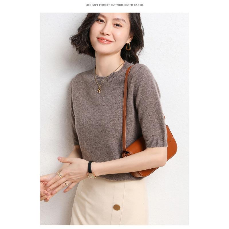 Женский свитер с круглым вырезом, шерстяной свитер с короткими рукавами, однотонный, для поездок на работу, простой, повседневный, трикотажный низ рубашки, теплый, удобный, на осень