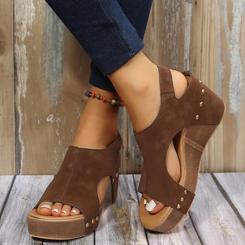 Fashion Fish Mouth Rivet Wedge Platform Sandals Women Plus Size Romen Sandals Vintage Wood Grain Sole Sandalias De Mujer 2024