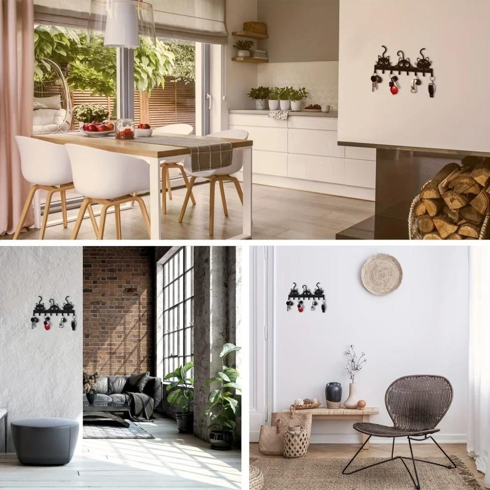 Cute Cat Key Holder Wall Mounted Entryway Coat Hook Rack Space-Saving Animal Decor with Multi-Hooks for Keys Hats Scarves