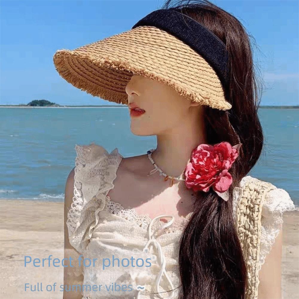 Fashion Woven Straw Visor Cap Sunscreen Hollow Empty Top Hat Big Head Circumference Breathable Summer Sun Cap Outdoor